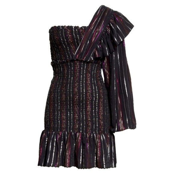 Farm Rio Black Lurex Stripe One Shoulder Mini Dress Puff Sleeve Size M NWT - Picture 4 of 9